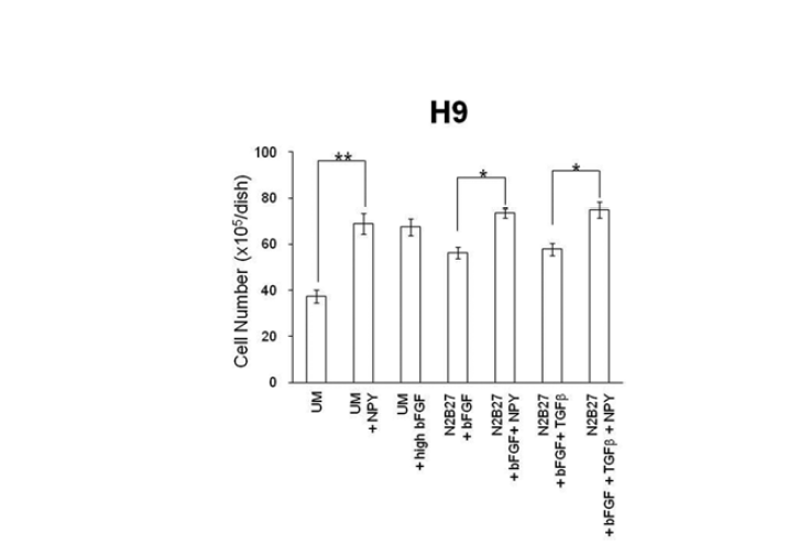 서로 다른 배지조건에서 6일 동안 배양한 H9 세포의 성장 효율 비교 결과