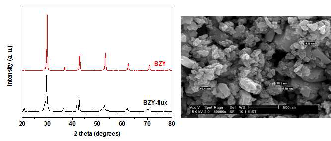 BaO-CuO를 첨가한 BZY의 XRD 결과 및 SEM 이미지