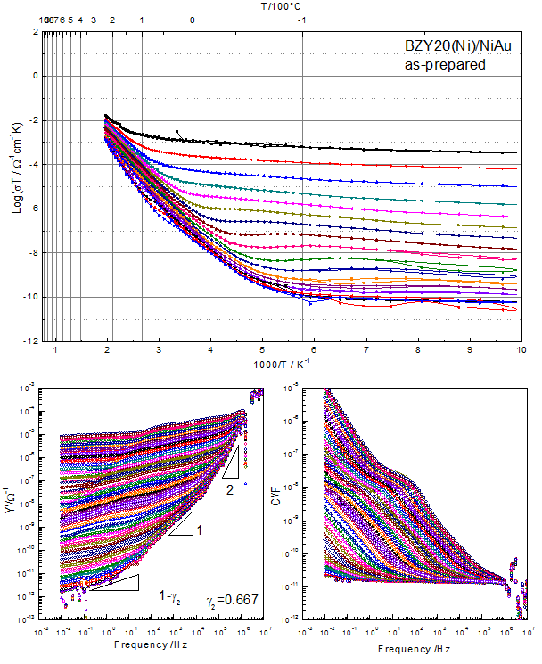 소결한 BZY20(Ni)의 시편 Ni/Au 전극으로 측정한 저온 전기적 특성.