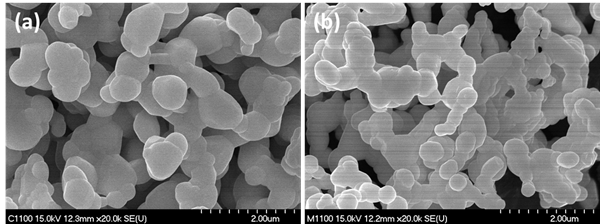1100°C 5시간 하소한 LSN 분말의 SEM: (a) 일반적인 고상법 (b) 변형고상법.