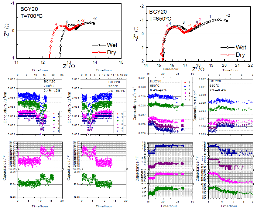 BCY20의 dry (0.04%) 와 wet (2%) 에서의 임피던스 양상과 AC 전도도 및 커패시턴스 이완 양상.
