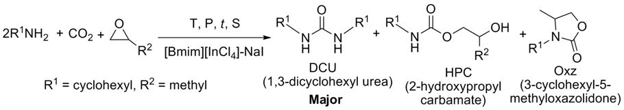 Reaction for producing DCU and carbamates from 3-component reaction system.