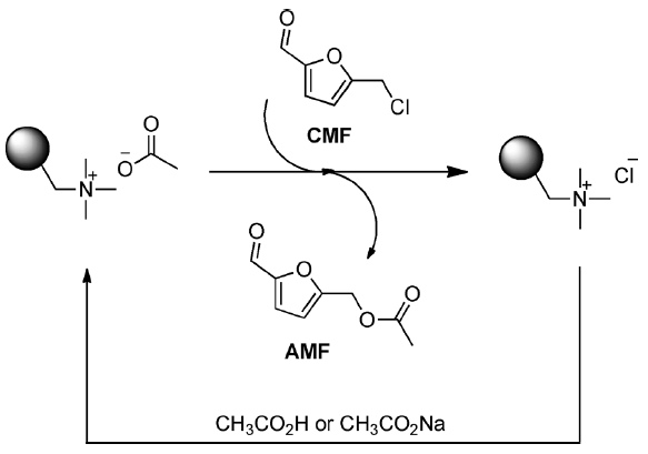 Heterogeneous conversion of CMF into AMF by using polymer-supported alkylammonium acetate.