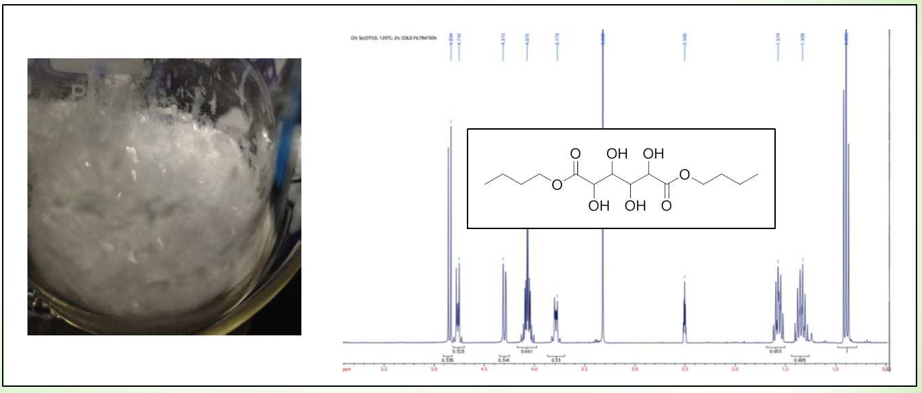 Appearance of precipitate after reaction (right) and 1H-NMR spectra of the precipitate.
