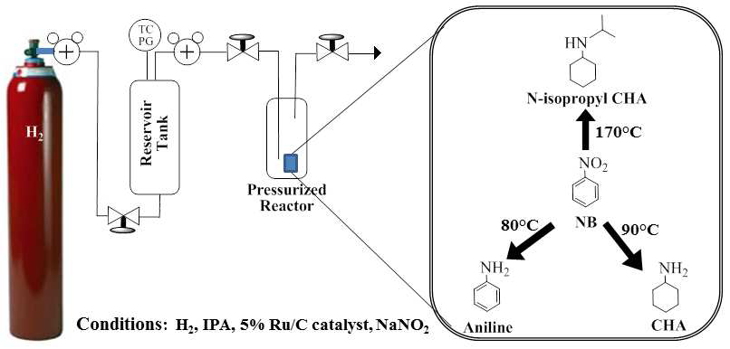 Reaction scheme for conversion of aromatic nitro compounds into alicyclic amines.