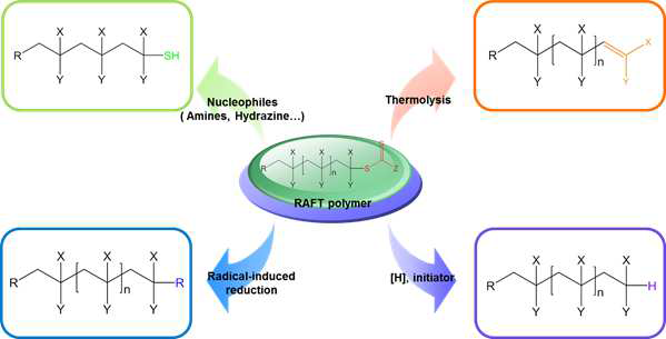 RAFT법을 이용해 합성한 고분자의 chain end transformation 방법.