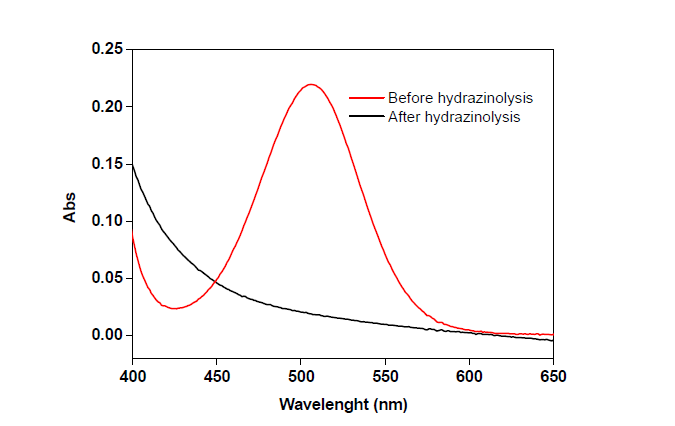 Hydrazinolysis 전후의 PPEGMMA의 UV spectra.