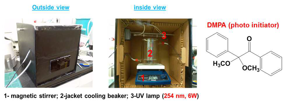 Thiol-ene 반응을 위하여 구성된 UV 조사 반응 시스템.