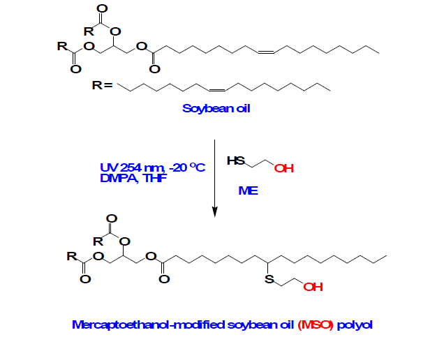 2-Mercaptoethanol과 대두유의 thiol-ene coupling 반응 모식도.