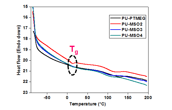 PTMEG 및 구조제어 대두유 기반 폴리올로부터 제조되는 DSC 곡선.