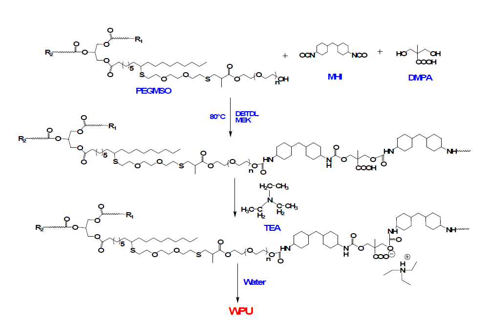 Ethylene oxide로 기능화된 대두유 기반 폴리올 (PEGMSO)을 이용한 WPU의 합성 모식도.