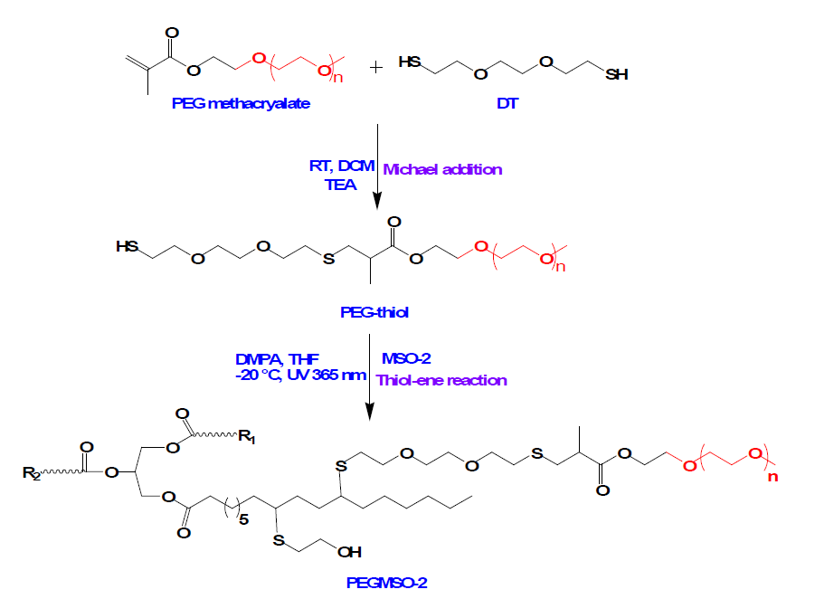 마이클 첨가 반응과 thiol-ene 반응을 통한 ethylene oxide 기능화 대두유 폴리올의 합성 모식도.