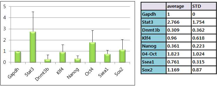 생쥐 ESC 콜로니 stemness 유전자 발현. Gapdh=1.0 기준으로 나타낸 상대적 발현값(왼쪽). 평균값과 표준편차 표시(오른쪽).