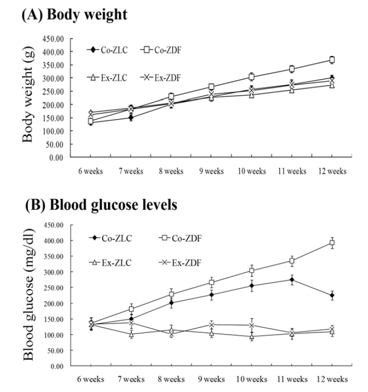Changes in blood glucose levels (A) and body weight (B) in control-ZLC (Co-ZLC), control-ZDF (Co-ZDF), exercise-ZLC (Ex-ZLC) and exercise-ZDF (Ex-ZDF) rats.
