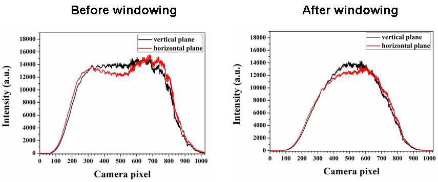 측정된 기준단 신호의 두 성분 스펙트럼. 해닝 윈도 우를 적용하기 전 (좌) 과 해닝 윈도우를 적용한 후 (우)