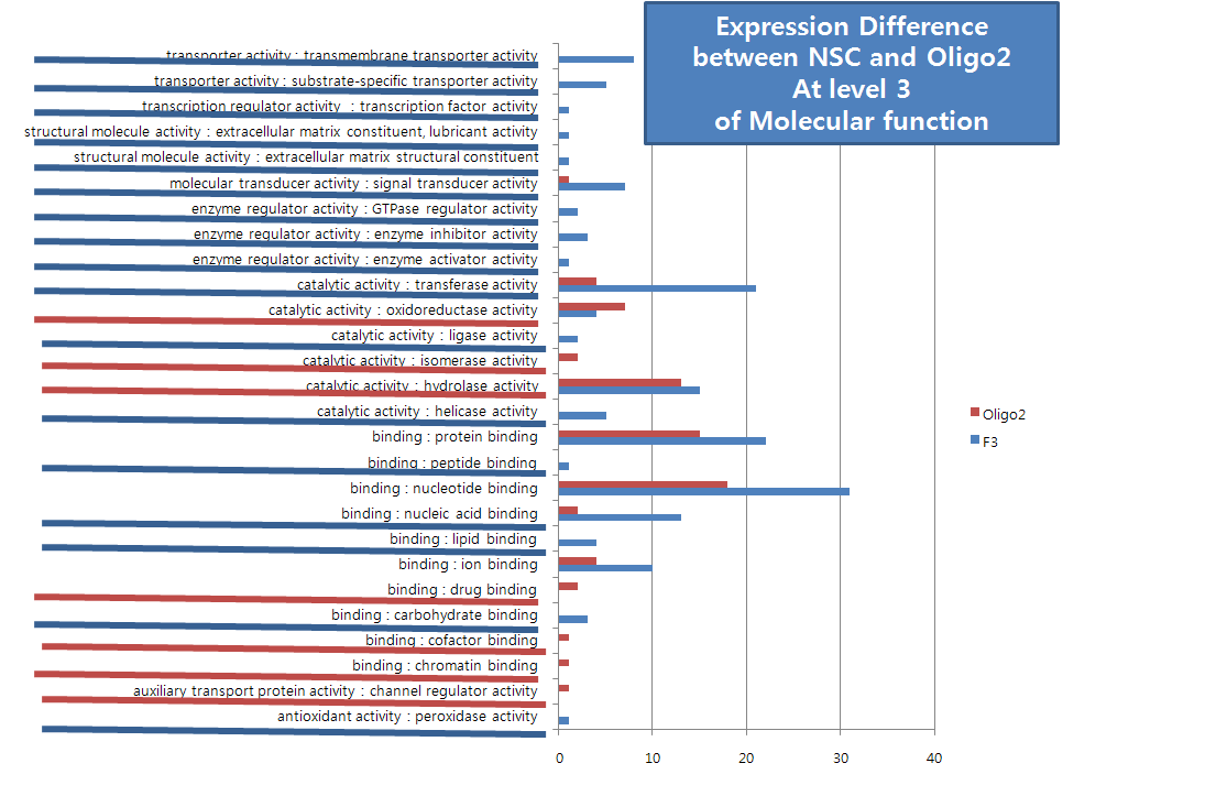 Molecular function 분야의 Level 3에서 분화/미분화 세포의 유전자 분포 비교