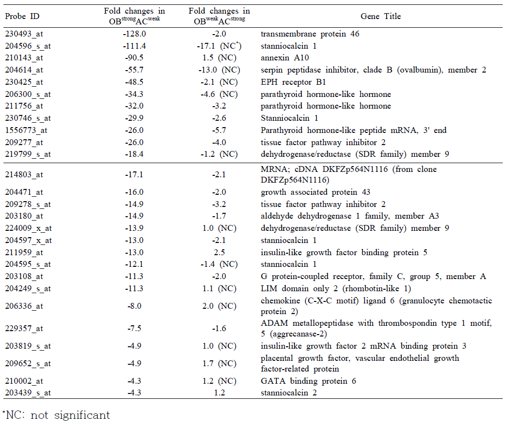 OBstrongACweak 세포에서 발현이 감소하지만 OBweakACstrong 세포 에서 감소되지 않는 유전자