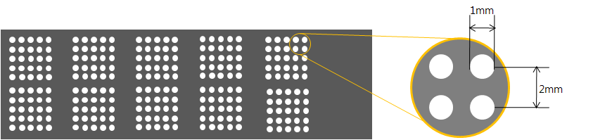 마이크로 칩. 마이크로바이오칩 센터를 통하여 제작하였다. 2 X 5의 submicroarray, 각 submicroarray 당 5 X 5개의 well로 구성하였고 각 well의 지름은 1mm 이며, well과 well간의 중심거리는 2mm로 구성하였으며 각 well은 amine기로 코팅되어 있 다