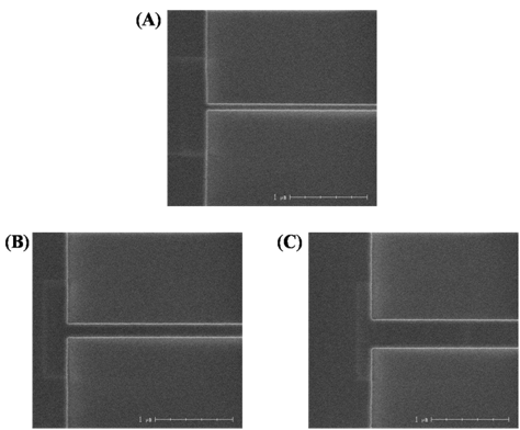 임프린트 공정 후 SOI 기판위에 제작된 나노와이어 및 패턴의 SEM 사진 (A)100 nm, (B)200 nm, (C)400 nm