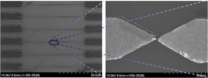 e-beam lithography 후 형성된 나노간극의 SEM 사진