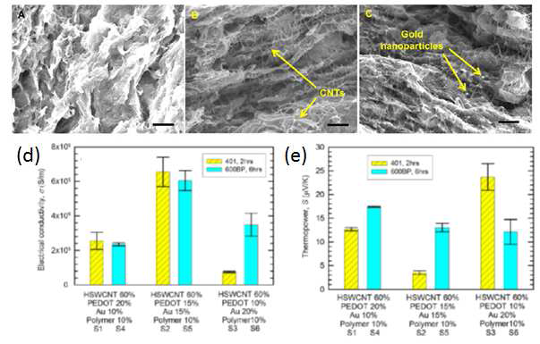 탄소나노튜브와 PEDOT:PSS 또는 Au NP의 합성비의 조절을 통한 전기적 특성변화 분석