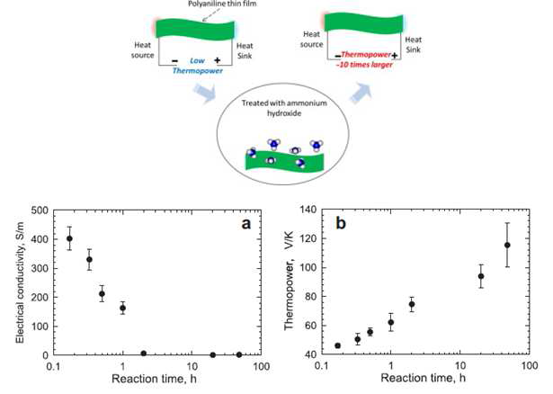 Electrical conductivity (a) and thermopower (b) of CSA-doped PANI films treated by ammonium hydroxide for various time periods