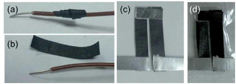 A nanotube-embedded paper composite, rolled around an electrical wire whose diameter is 1.4 mm, showcasing its flexibility (a and b). A module consisting of an n-type membrane and a p-type paper before (c) and after (d) lamination with a polyester film. They are connected by a graphite foil with aluminum foil leads at the other ends