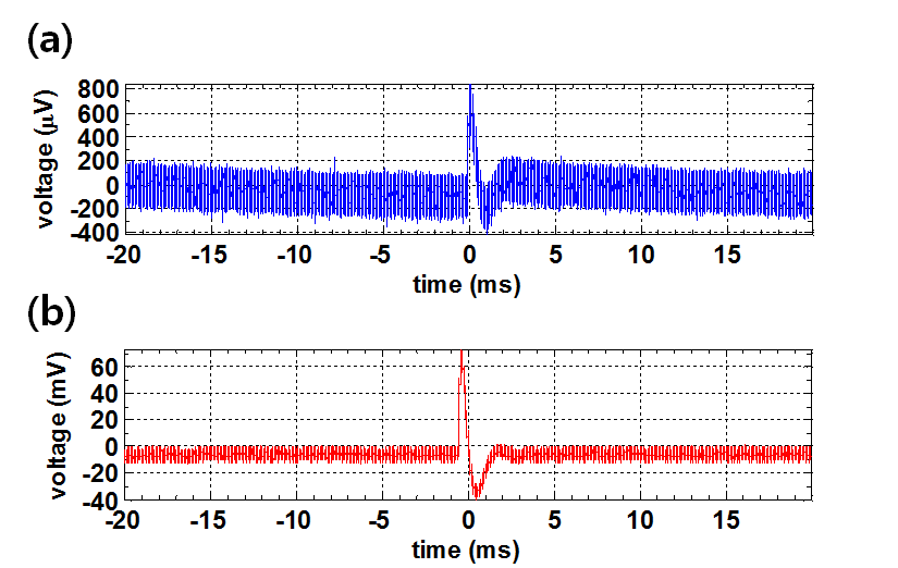 PBS 실험에서 측정된 자극파형 (a) 인터페이스 칩 입력신호 (b) 인터페이스 칩 출력신호