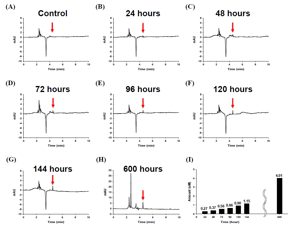 40㎛ 크기의 약물장전구조체로부터의 HPLC 분석 결과