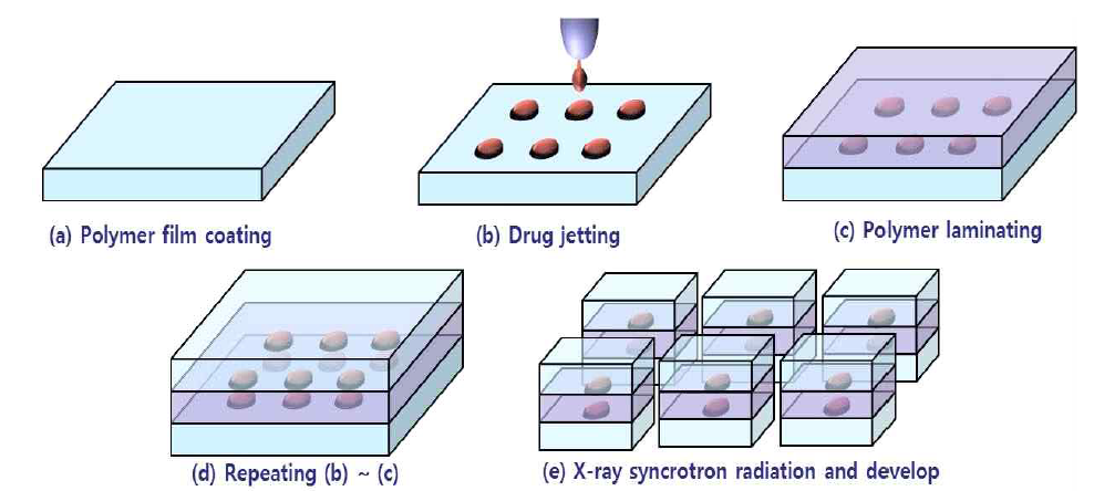 프린팅 기법과 x-ray synchrotron 노광 공정을 이용한 적층 구조내 약물 장전 공정 개념도