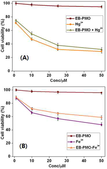 EB-PMO 화학센서에 대한 생체 적합성 실험의 결과를 나타내는 그래프. ((A) EB-PMO, EB-PMO-Hg+로 세포처리 한 경우, (B) EB-PMO, EB-PMO-Fe3+ 로 세포처리를 한 경우)