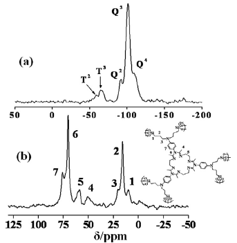 (a) 29Si CP MAS and (b) 13C CP MAS NMR spectra of IIPMO-3.