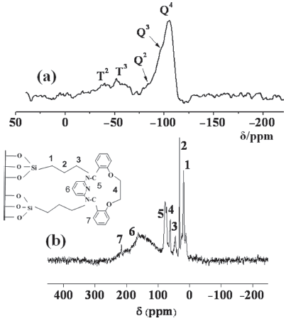 Solid-state (a) 29Si and (b) 13C CP MAS NMR spectra of Py-Cy-SBA-15.