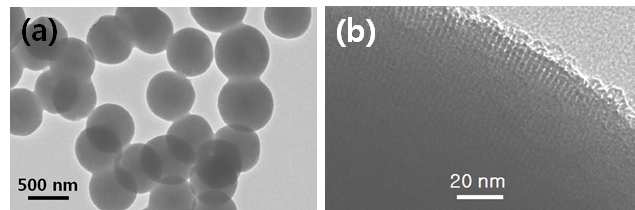 표면 개질된 나노 세공 실리카 물질(PA-MCM-41)의 (a) 저배율과 (b) 고 배율의 투과전자 현미경 사진.