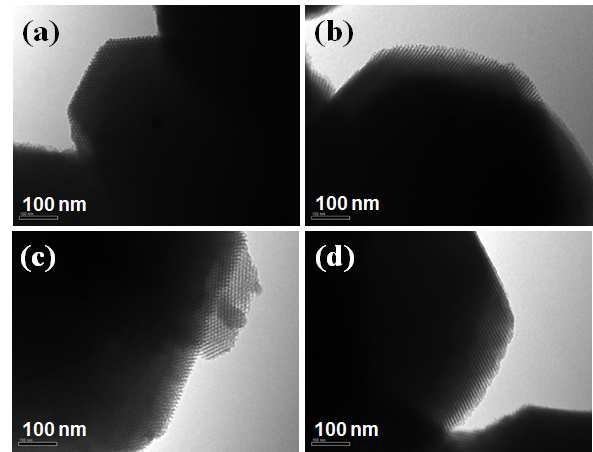 (a와 b) SBA-15와 (c,d) Spiran-SBA-15의 투과전자 현미경 사진.