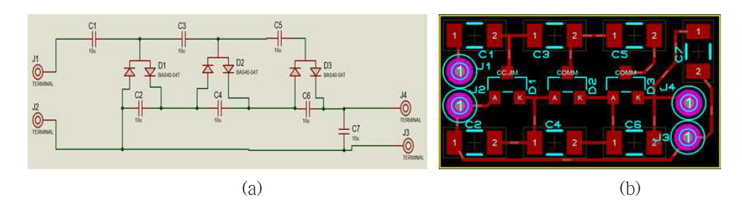 에너지 수확 소자의 인터페이스(관리) 회로 (a) Voltage multiplier 회로 설계도, (b) PCB 기판 design schematic