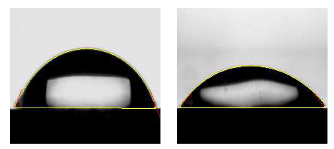 PET 기판의 (a) 표면처리 전과 (b) 표면처리 후의 접촉각 사진