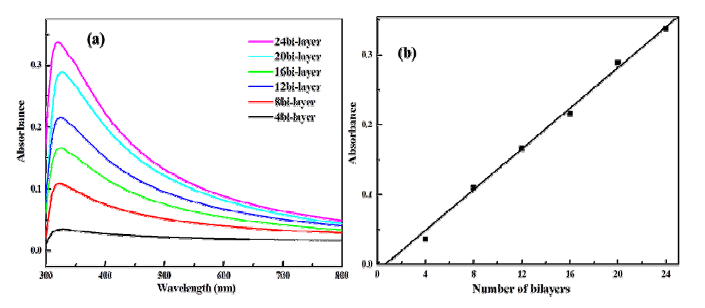 (a) (PSS-RGO7.5/PEI-RGO3.5)n 필름의 흡수 스펙트럼 과 (b) 300 nm에서 이젓층의 증착 수에 따른 흡광도