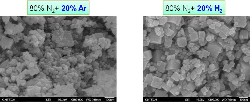 반응가스 분압에 따른 HoN 합성분말의 전자현미경 이미지