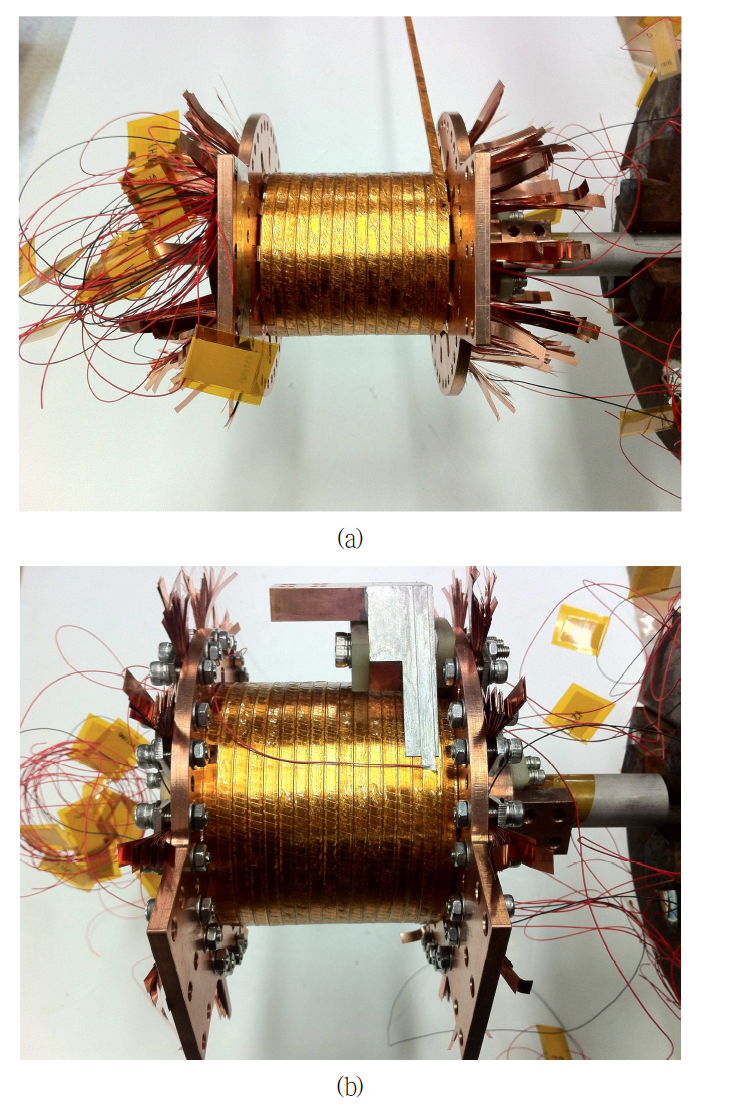 Photo of (a) semi-finished HTS solenoid magnet, and (b) finished HTS solenoid magnet