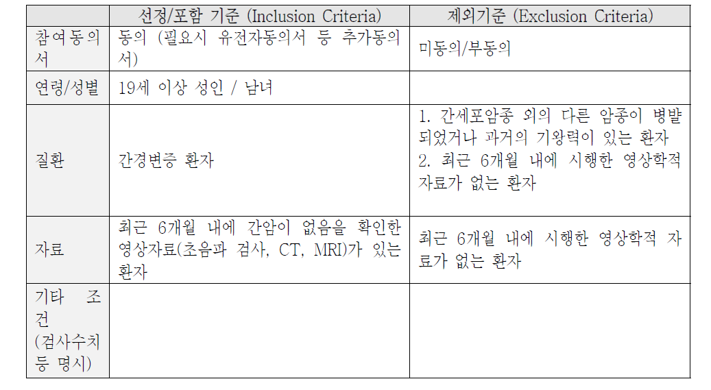 대조군 (간경변 환자군) 선정/제외 기준