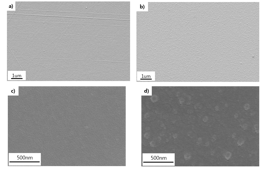 기판의 온도는 50 ℃로 동일하고, 기판의 종류가 PI, PET 일 때의 제작된 구리박막의 SEM 결과