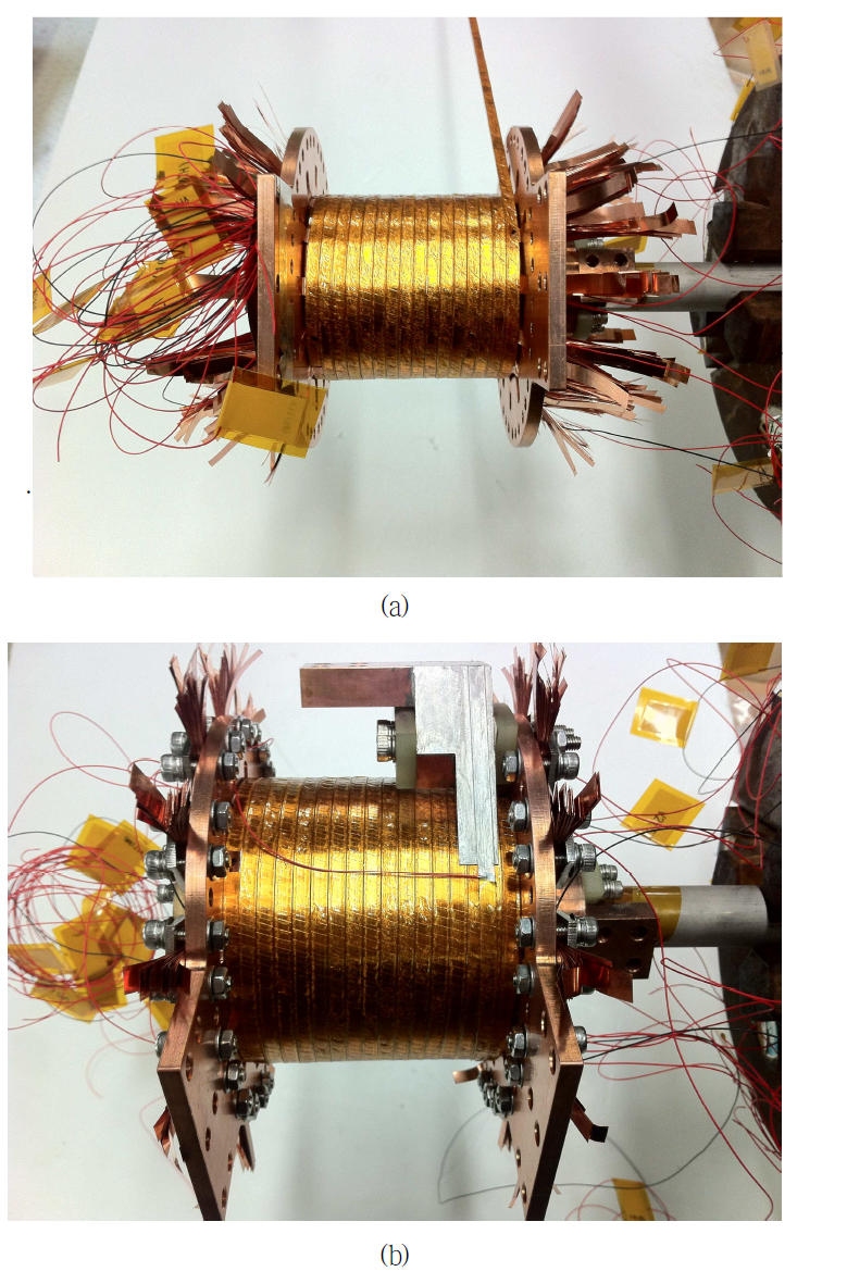 Photo of (a) semi-finished HTS solenoid magnet, and (b) finished HTS solenoid magnet