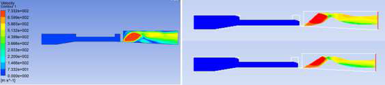 (좌)팁 지지형 오리피스 내부 기체 유속 및 (우) 위로부터 순서대로 200, 500 nm 입자의 흐름에 대한 수치해석 결과