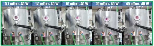 본 연구과제를 통해 개발 된 저압플라즈마원의 플라즈마 발생 모습.