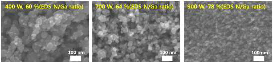 두 번째 플라즈마 파워에 따른 합성된 나노입자 SEM 이미지.