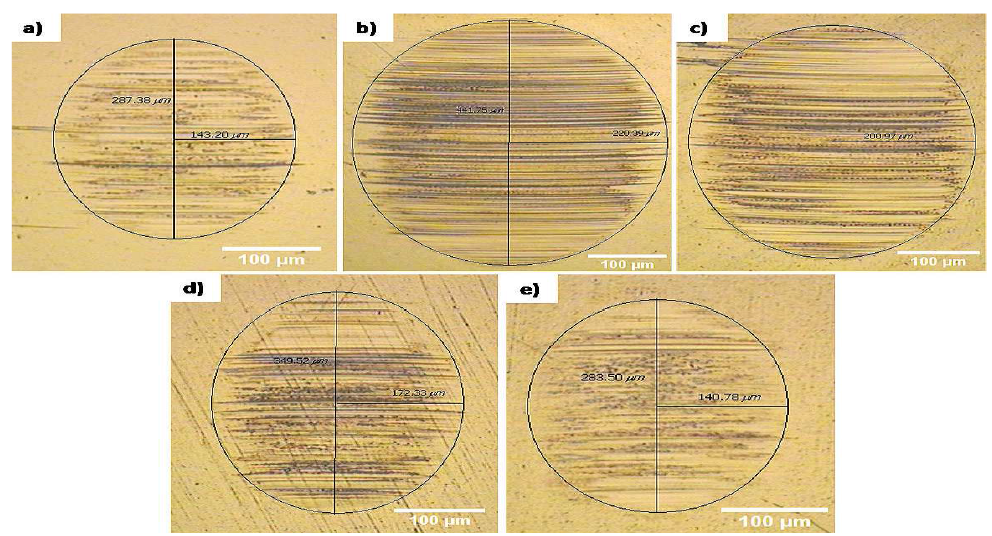 표면 텍스쳐링 전후 시편에 대한 마찰·마모시험 상대재의 마모흔의 광학현미경 이미지