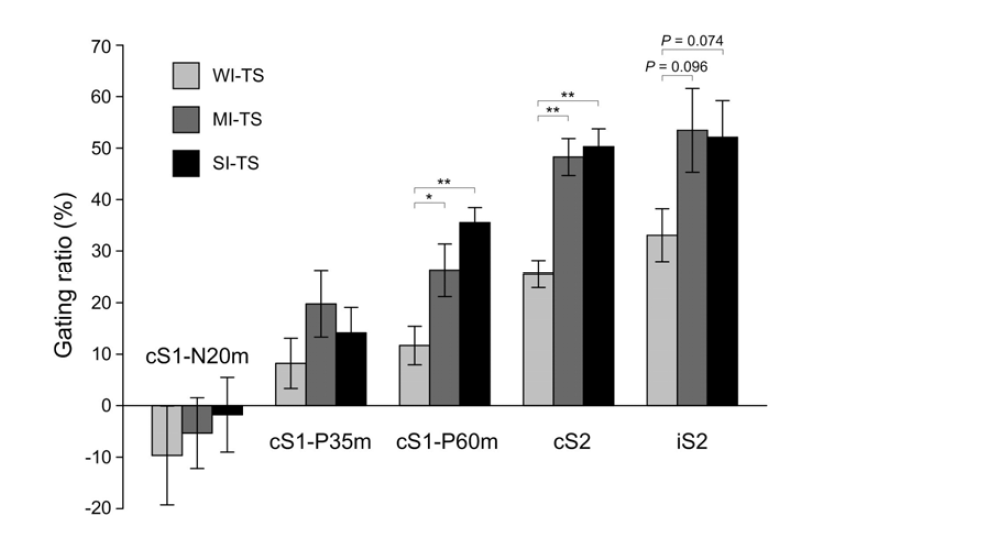 The gating ratio for the three components of the cS1, cS2, and iS2 in each interfering stimulation condition