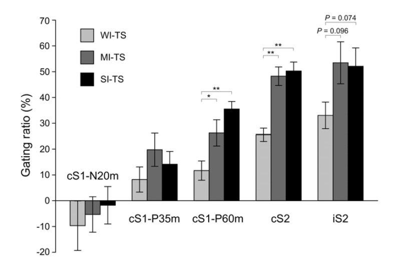 The gating ratio for the three components of the cS1, cS2, and iS2 in each interfering stimulation condition. Data are representedas mean ± standard error of the mean (17 subjects).