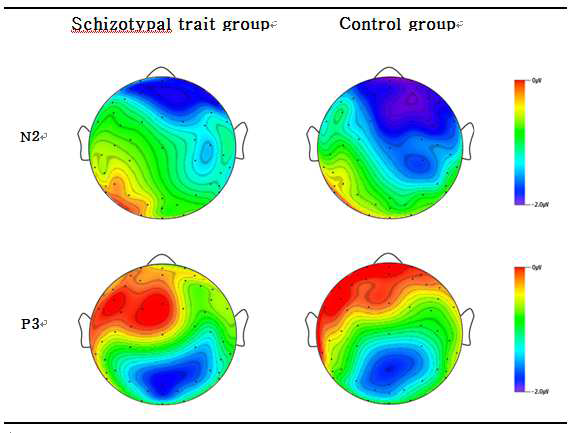 N2와 P3 진폭 차이의 topographical distributions